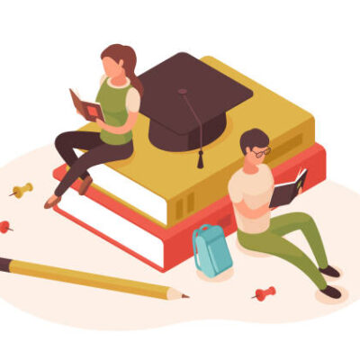 Isometric people reading books, students education, man and woman reading. College students in library isolated vector illustration. Book library concept